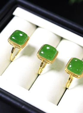 天然和田玉碧玉方糖戒指18K金镶嵌碧玉方形戒指百搭礼物女友闺蜜