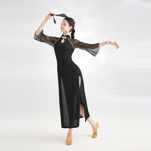 中国风古典舞旗袍身韵演出舞蹈服专业跳舞专用开叉弹力黑色网纱