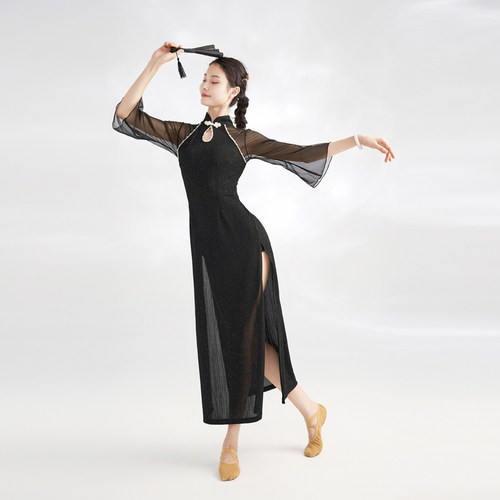 中国风古典舞旗袍身韵演出舞蹈服专业跳舞专用开叉弹力黑色网纱
