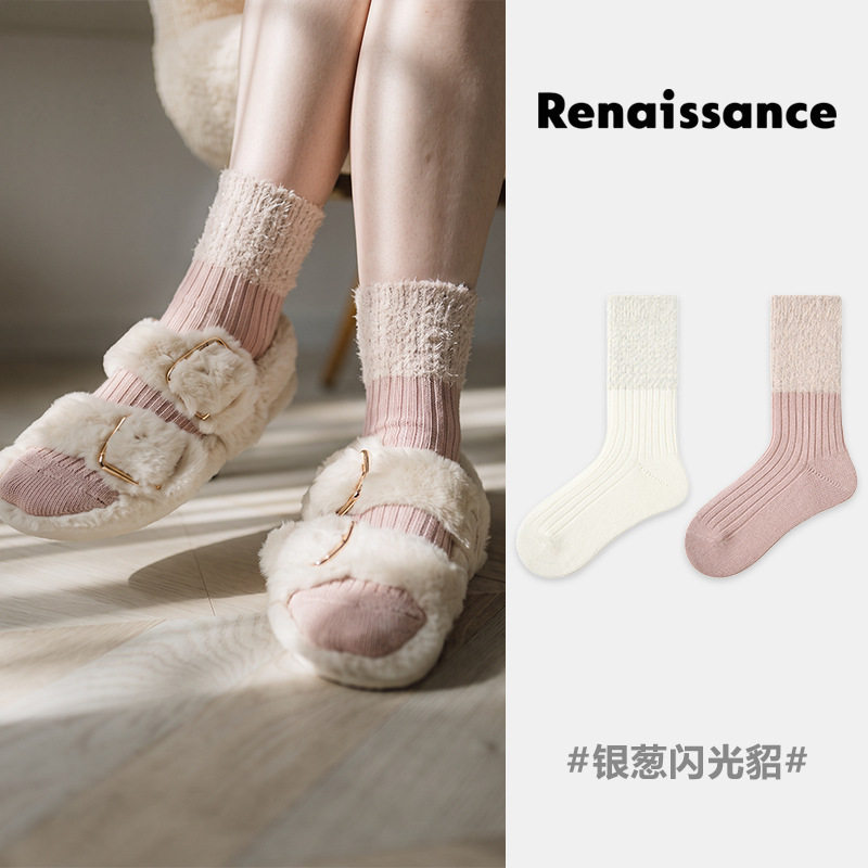 秋冬保暖仿貂绒粗线拼接中筒袜
