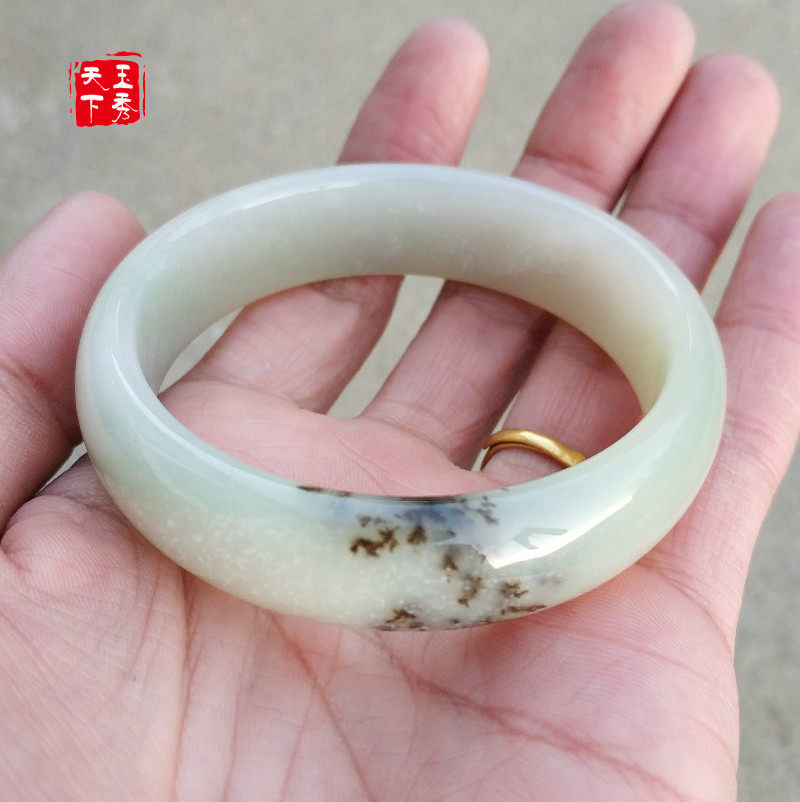 和田玉精品水草花纹手镯玉镯带翠精美漂亮61.6口径和田玉手镯玉镯