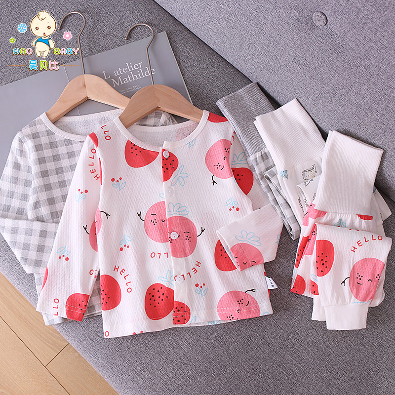 긴팔 가디건 하이 웨이스트 배꼽 바지 세트 순면 메쉬 얇은 속옷 잠옷 홈웨어 여름