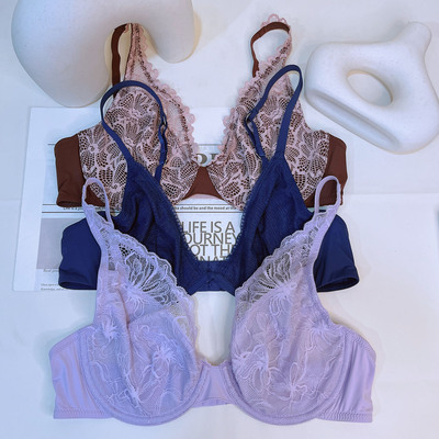 【亚星家】深V性感内衣女钢圈蕾丝镂空文胸欧美胸罩全罩杯超薄款