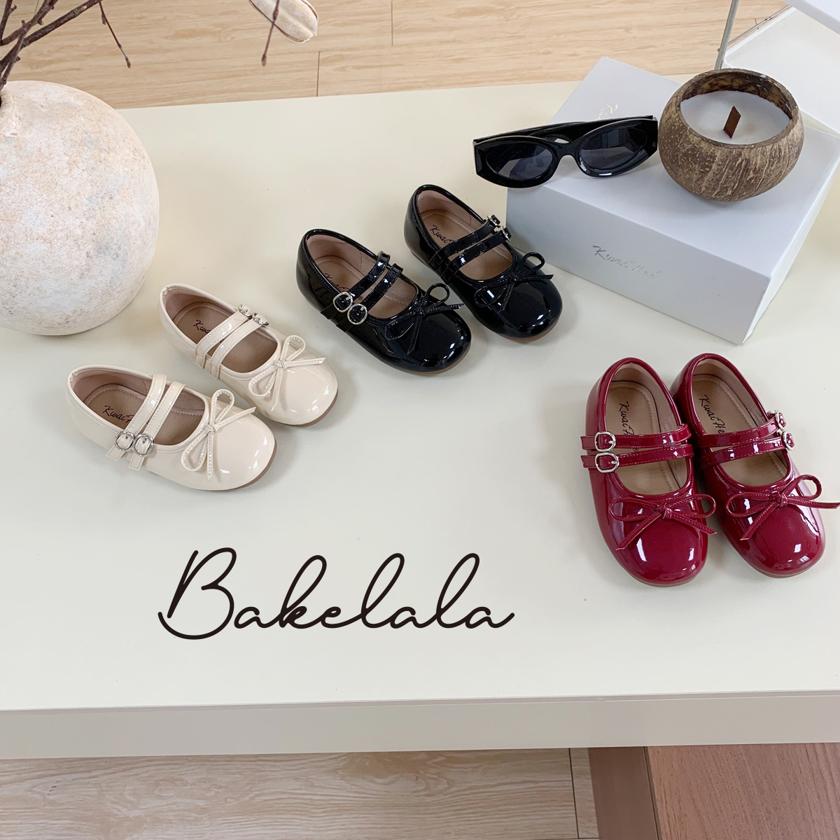 双带蝴蝶结漆皮软底女童皮鞋