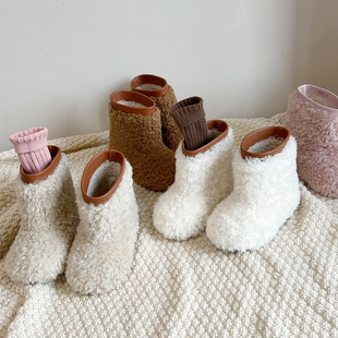 女童外穿毛毛鞋 保暖加绒加厚毛毛靴百搭低筒靴小众一脚蹬短靴 冬季