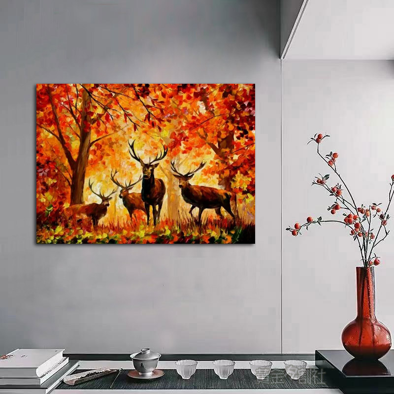 大芬村油画纯手绘装饰画别墅走廊过道配画动物秋季风景画灵性鹿群