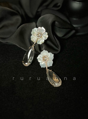 RuRu安娜.仙女风天然贝母花朵清透大水滴水钻吊坠925银针耳环耳饰