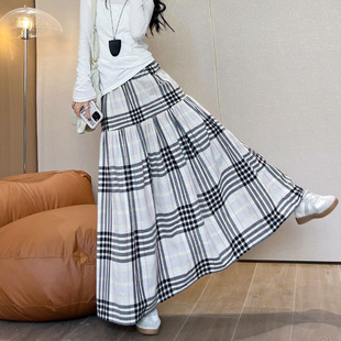 文艺复古半身裙女夏季高腰大裙摆A字遮肉马德拉斯格纹宽摆长裙子