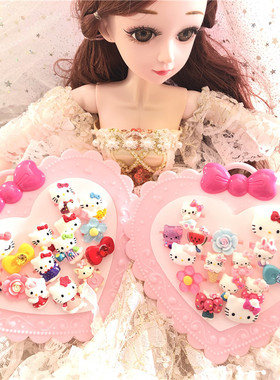 儿童戒指女童饰品KT猫小动物公主可爱卡通玩具礼物盒装塑料戒指环