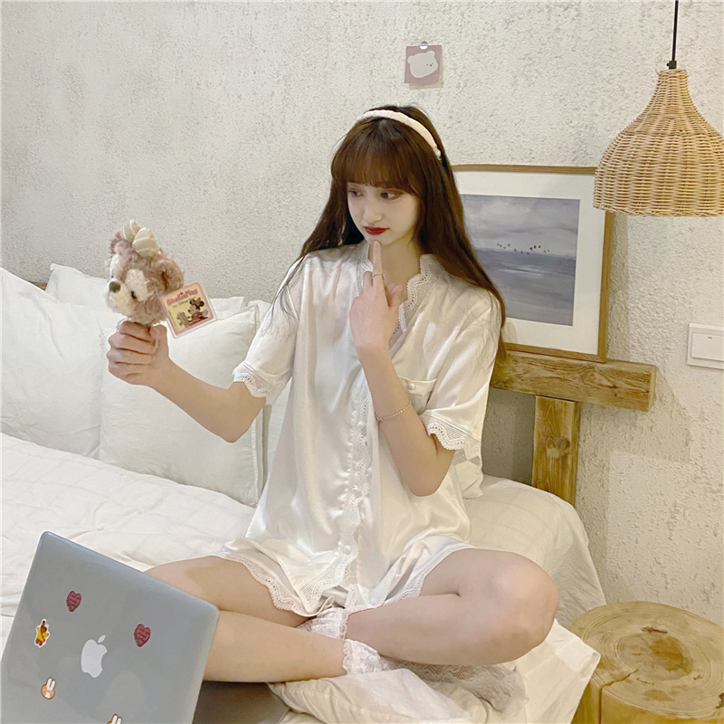 Real price pajamas women's new cardigan short sleeve thin lace V-neck Japanese online Red pop home clothes