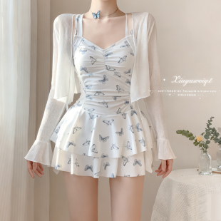 防晒小清新裙式 长袖 遮肚显瘦保守连体泳衣女温泉 蝶舞 夏语微琪