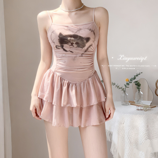 夏语微琪【瞌睡猫】纯欲吊带裙式遮肚显瘦小胸少女保守连体游泳衣