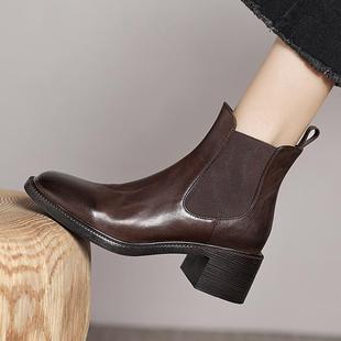 新款 头层牛皮高级感英伦风切尔西靴时尚 松紧口短靴女高跟粗跟真皮