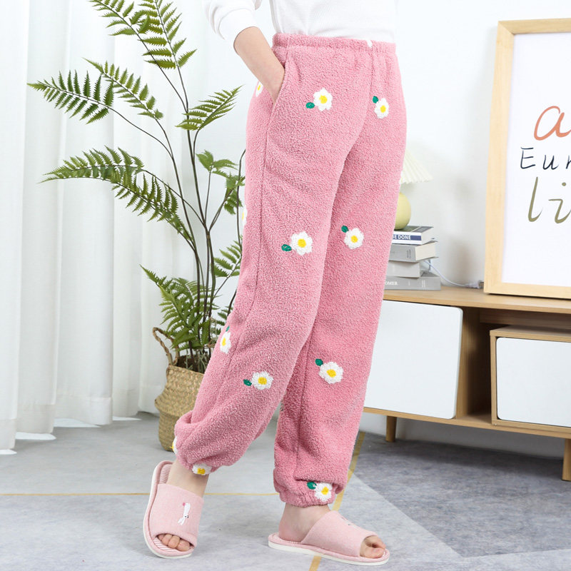 冬季睡裤女双层加厚珊瑚绒宽松休闲家居裤束脚裤春季女士居家裤