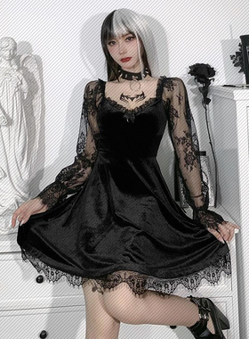 HY21249欧美暗黑女装蕾丝拼接显胸长袖荷叶边收腰显瘦休闲连衣裙