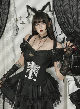 CF25238暗黑系一字肩两穿连衣裙2025新款哥特风性感辣妹修身短裙