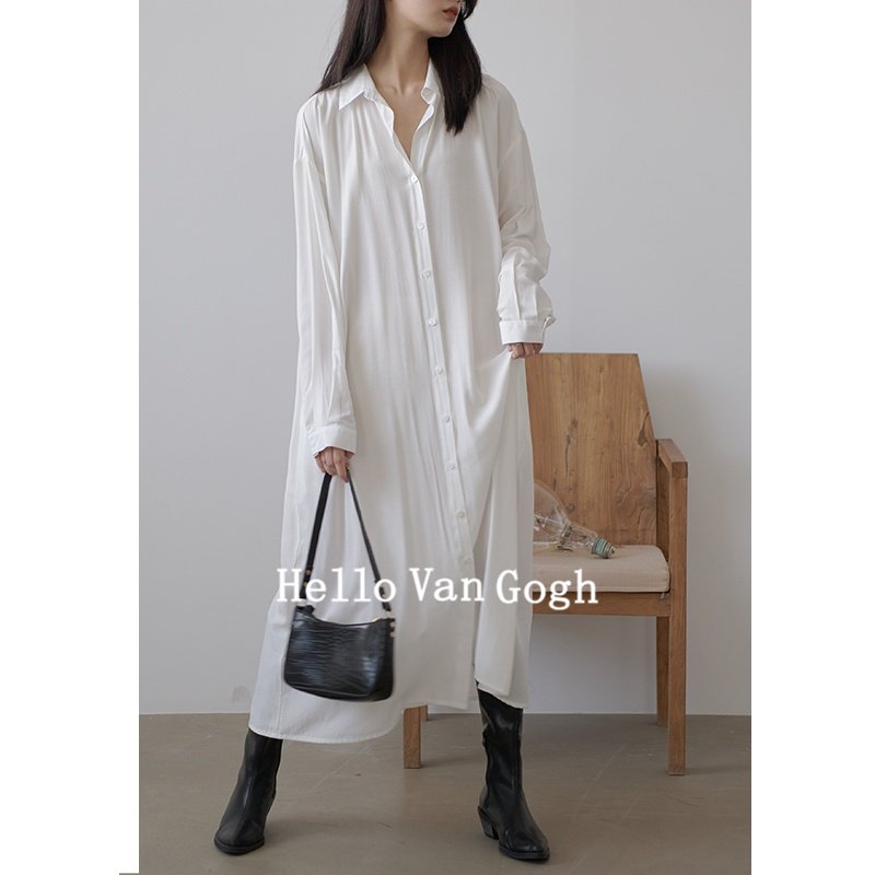 时游白色衬衫裙女2024新款韩版宽松设计感小众超长过膝衬衣连衣裙