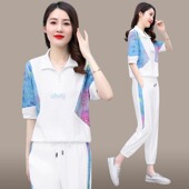 新款 女2025夏季 气质减龄妈妈宽松显瘦冰丝两件套 休闲运动套装 时尚