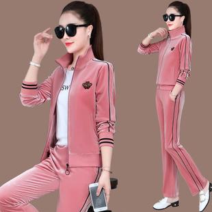 金丝绒套装女春秋2025新款时尚韩版大码立领开衫运动休闲三件套潮