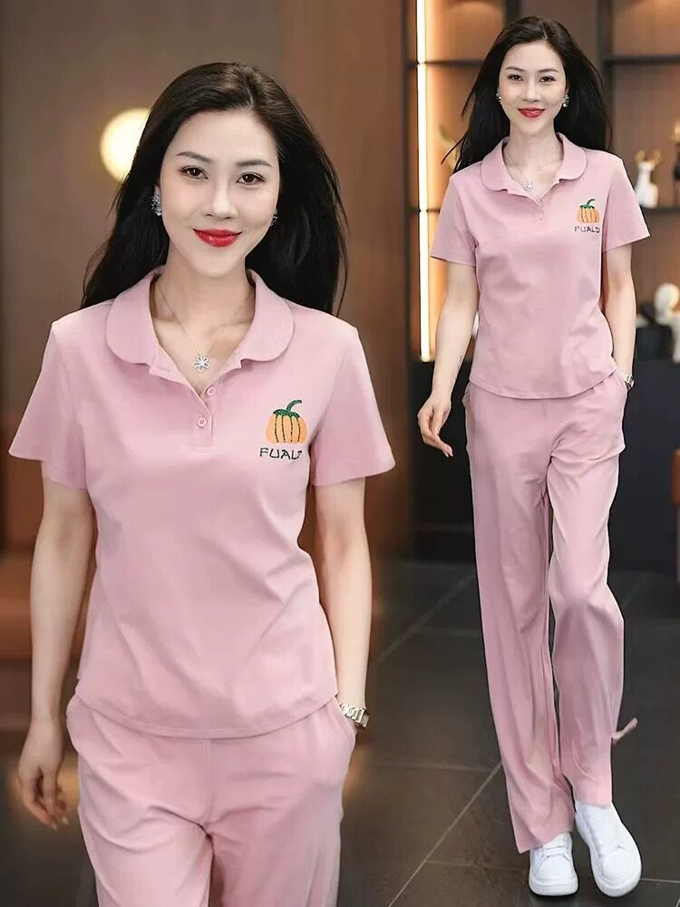 休闲运动服套装女夏季新款时尚洋气名牌纯棉短袖直筒裤时髦两件套