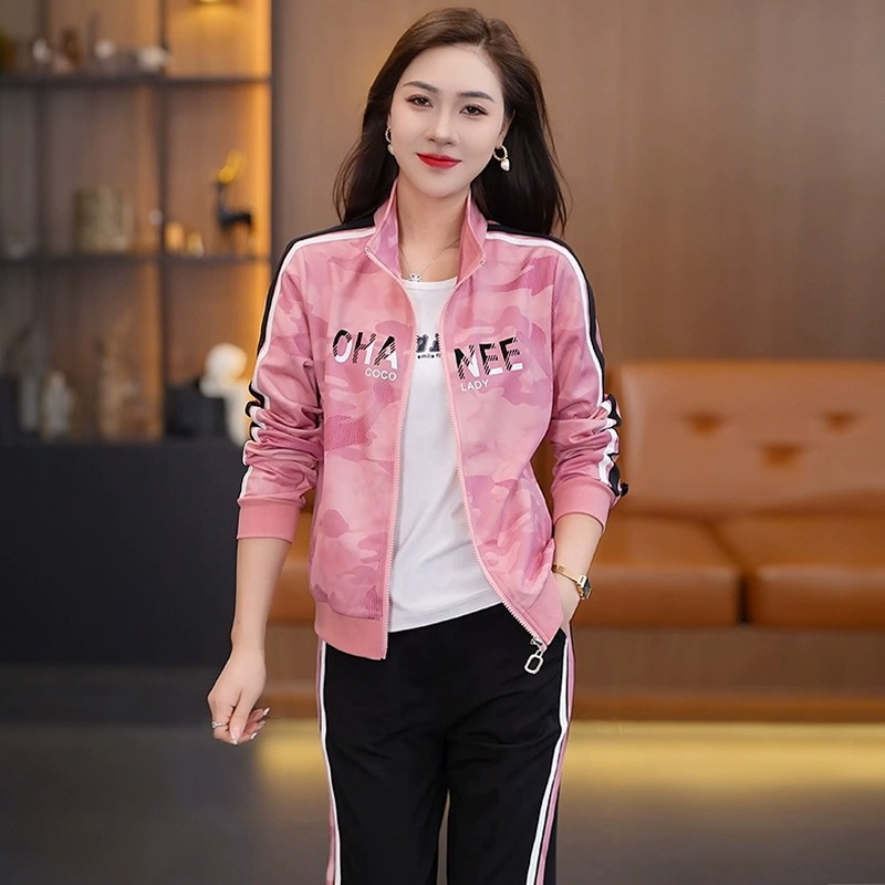 妈妈运动套装女春秋宽松长袖外套2024新款洋气印花大码休闲运动服