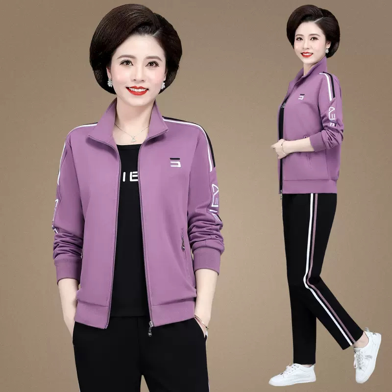 妈妈韩版秋装中老年运动服套装女春秋大码外套中年妇女休闲三件套