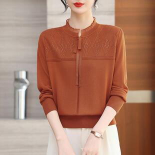 春秋新款针织衫女桑蚕丝长袖T恤中年妈妈装系带冰丝打底衫上衣薄