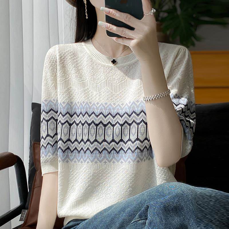 撞色提花短袖t恤女夏季2025新款打底衫洋派大尺码女装冰丝针织上