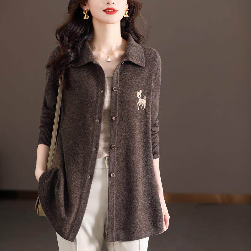 高级感羊绒针织衫女士中长款大码开衫POLO领衬衫羊毛外搭刺绣外套