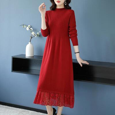 配大衣长款羊毛针织连衣裙2025秋冬新款大码宽松打底红色毛衣裙女