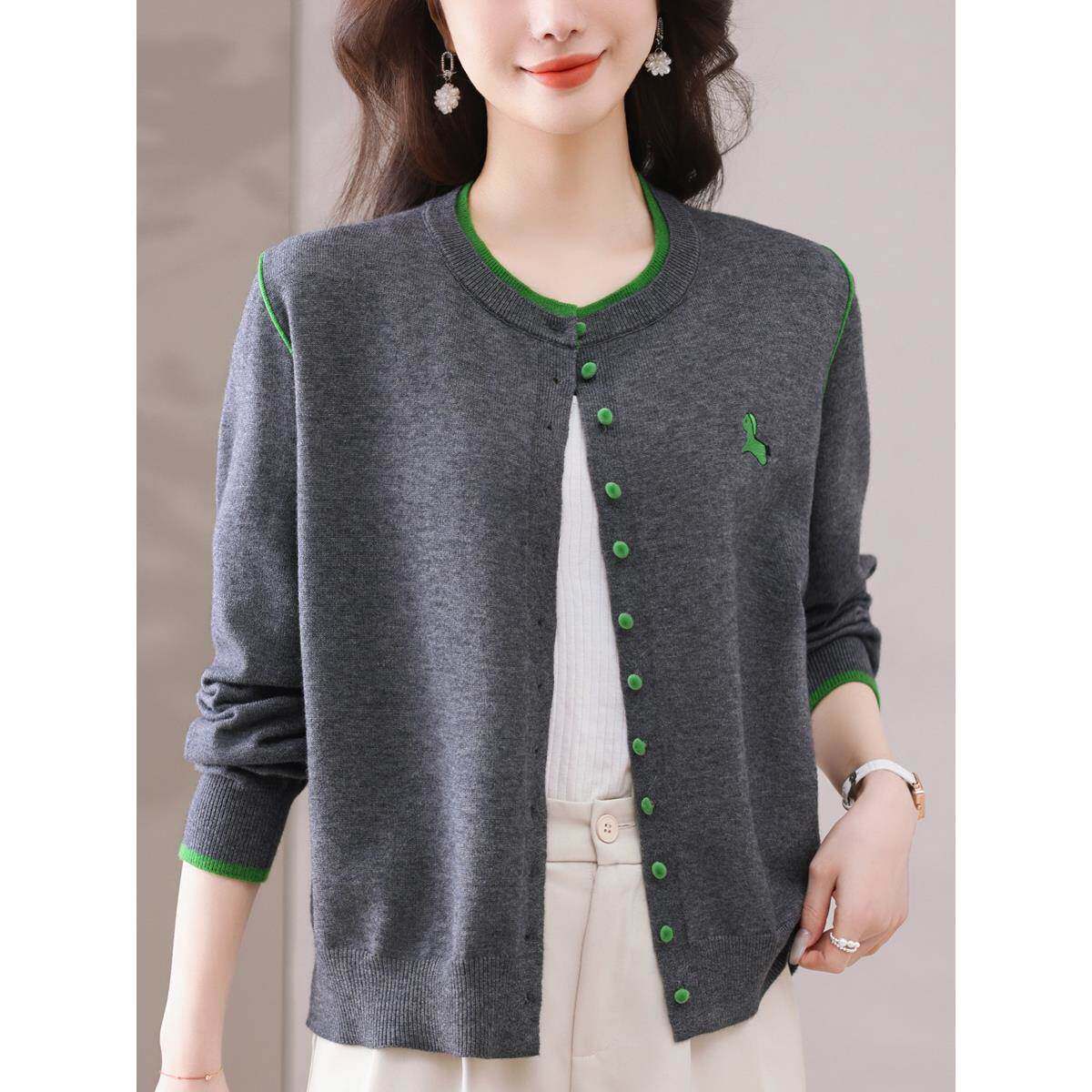 中年妈妈羊绒衫薄款外套女圆领毛衣开衫宽松拼色洋气外搭针织上衣