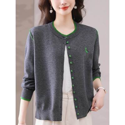 中年妈妈羊绒衫薄款外套女圆领毛衣开衫宽松拼色洋气外搭针织上衣