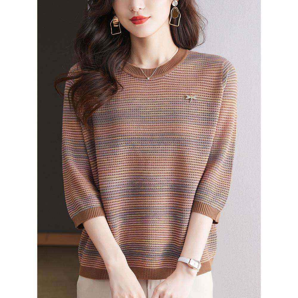 中年妈妈秋季洋气条纹针织衫蚕丝t恤女宽松大码薄款打底中袖上衣
