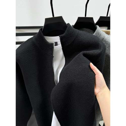 百搭纯色开衫男加厚毛衣线衣冬季保暖立领拉链外套男针织衫外搭