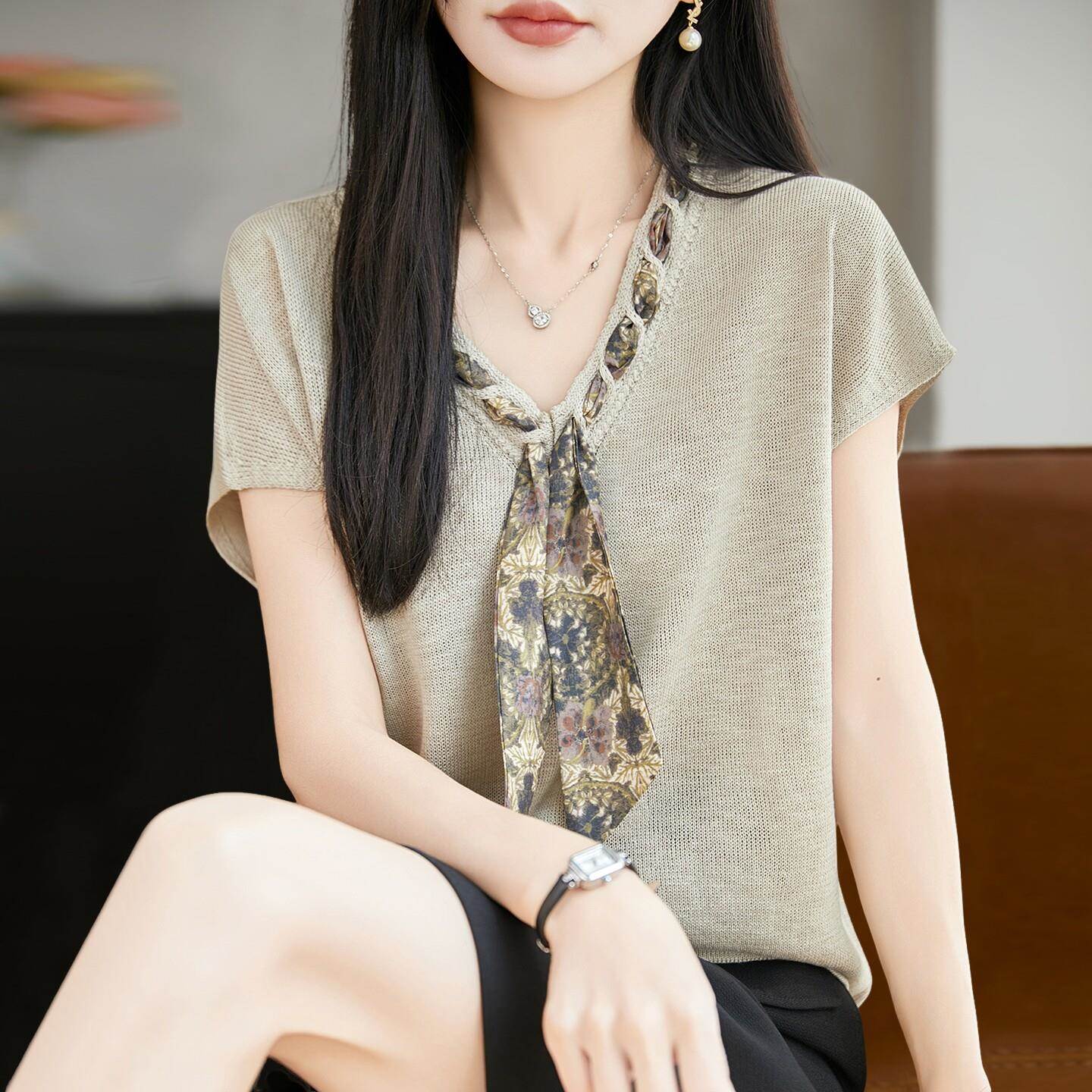 2026新款V领镂空针织短袖t恤女夏季薄款冰丝针织衫大尺码女装上衣