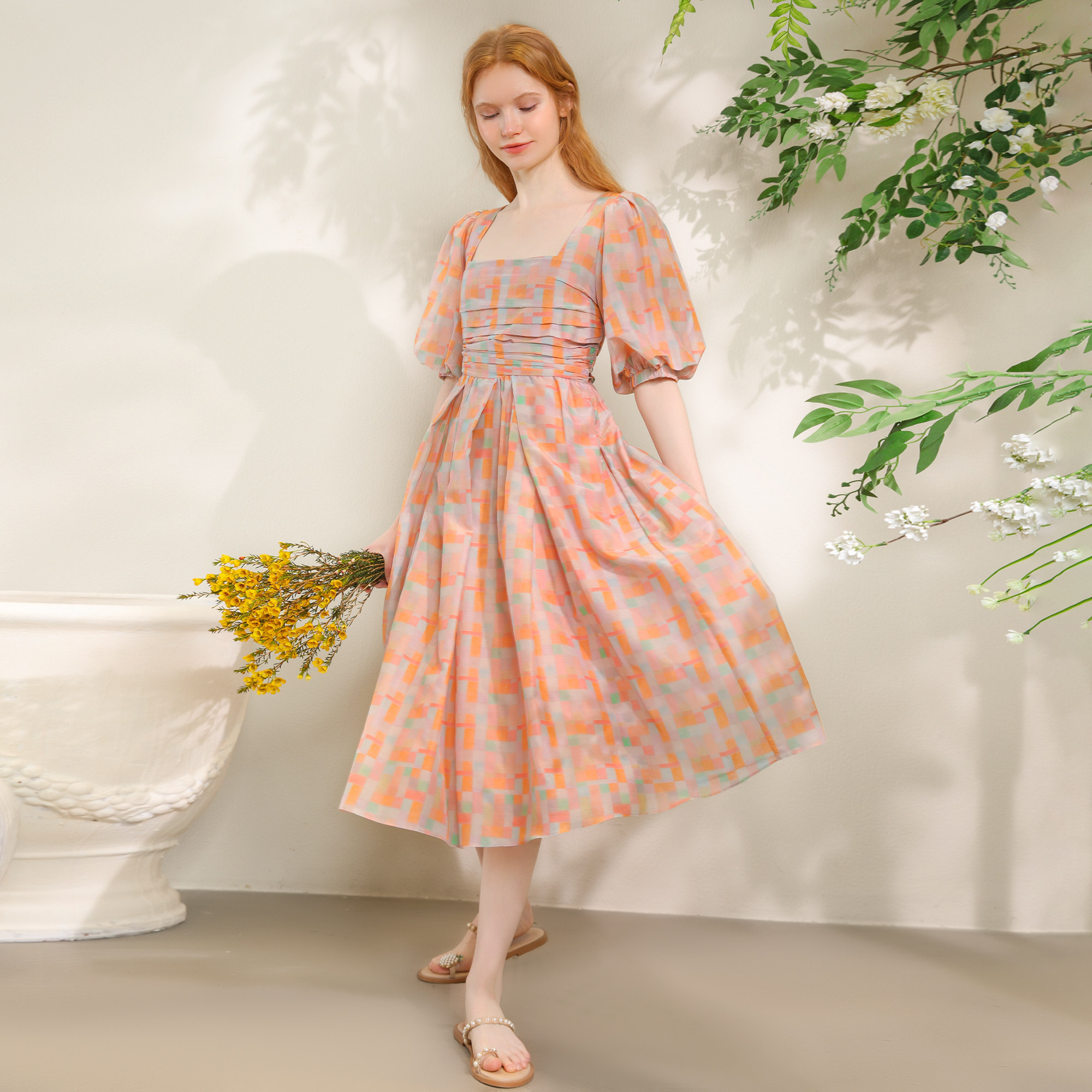 夏季新款真丝丝棉印花法式宫廷风连衣裙女方领复古中长裙85294a