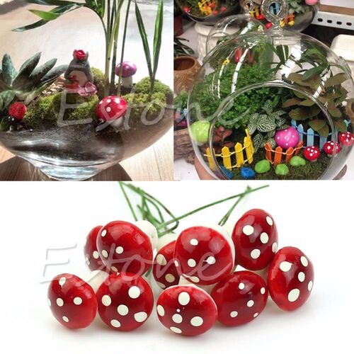 10Pcs Mini Red Mushroom Garden Ornament Miniature Plant Pots
