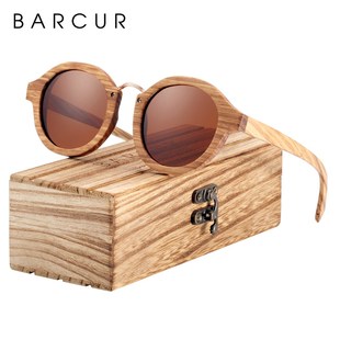 BARCUR Polarized Sunglasses Wood Round Sun glasses Male Sha
