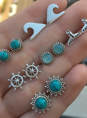 Navy series fishtail rudder blue jewel ear stud