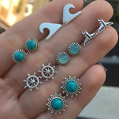 Navy series fishtail rudder blue jewel ear stud