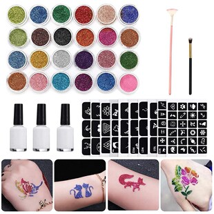 24 Glitter Colors Tattoo Kit With Stencil Glue Brush Makeup