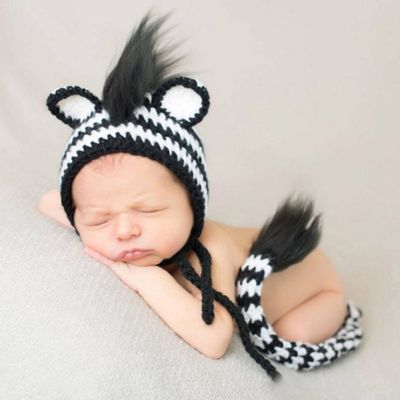 2 Pcs Baby Zebra Design Hat Tail Set Handmade Knitted Cloth