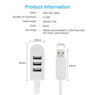 3 Port USB Hub Extend Cable Data Transfer Device Charging US
