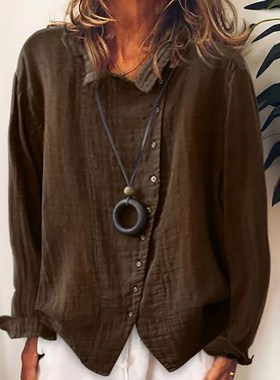 Women Autumn Long Sleeve Cotton Linen Blouse Shirts Elegant