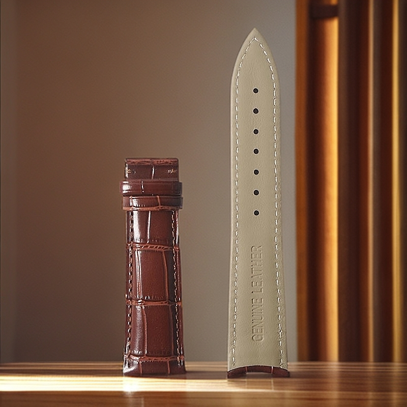 弧形接口真皮手表带男款适配积家月相大师鳄鱼纹牛皮表带女款黑色