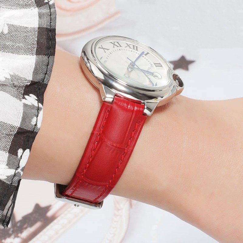 凸口牛皮表带适配罗西尼卡西欧卡地亚男女通用表链红色真皮手表带