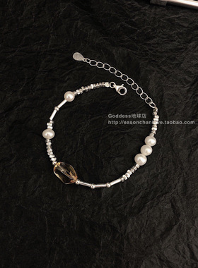 珍珠手链女纯银黄水晶ins风显白