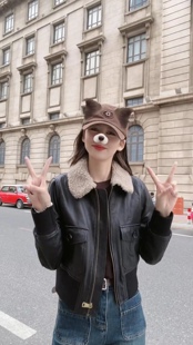 崽崽同款2023秋冬季真皮绵羊皮夹克短款羊羔毛领加厚机车外套女