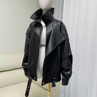 皮衣真皮外套女高级感进口小羊皮美式 2024新款 复古机车双层领夹克