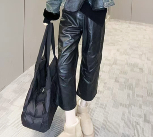 高端绵羊皮秋冬休闲八分裤 女 阔腿极简纯色进口绵羊皮宽松时尚 皮裤